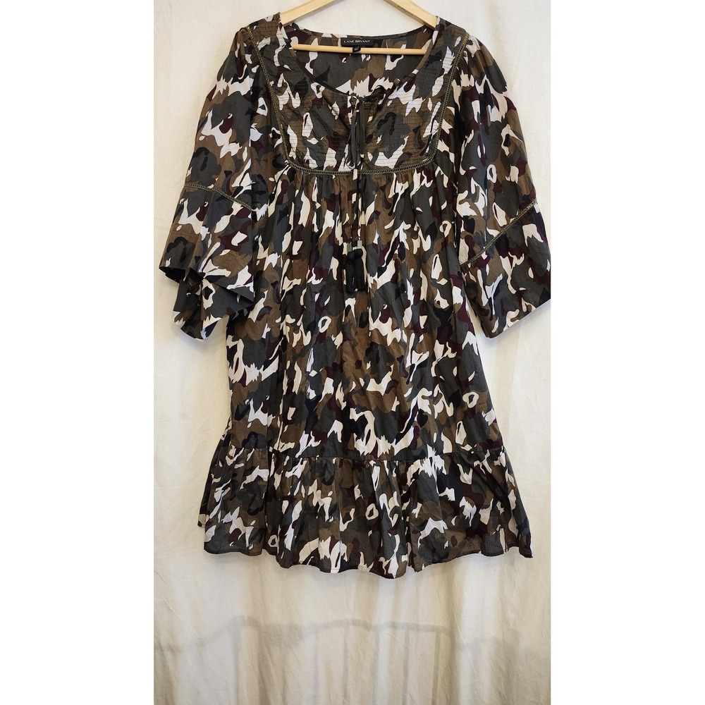 Lane Bryant Dress Womens 2X‎ Brown Camo Square Neck Tassel Boho Swing 3/4 Sleeve